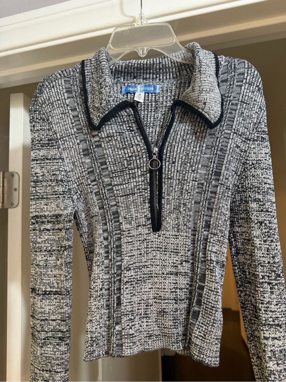 Urban Outfitters Black and White Zip-Front Textured Turtleneck Sweater